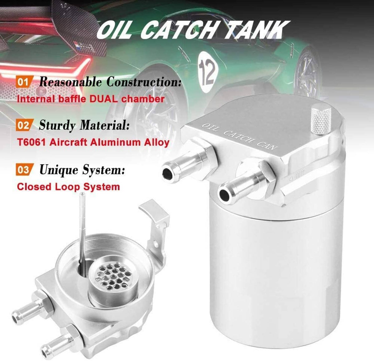 Solidspare Silver Oil Catch Can Kit Reservoir Baffled Tank with Dipstick Universal Aluminum