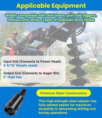 Solid Spare Heavy Duty Auger Adapter 2-9/16" Female Round to 2" Male Hex for Augers