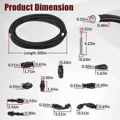 Solidspare 6AN 3/8” PTFE Fuel Line Kit w/Nylon Stainless Braided Fuel Hose 25FT (16Pcs)