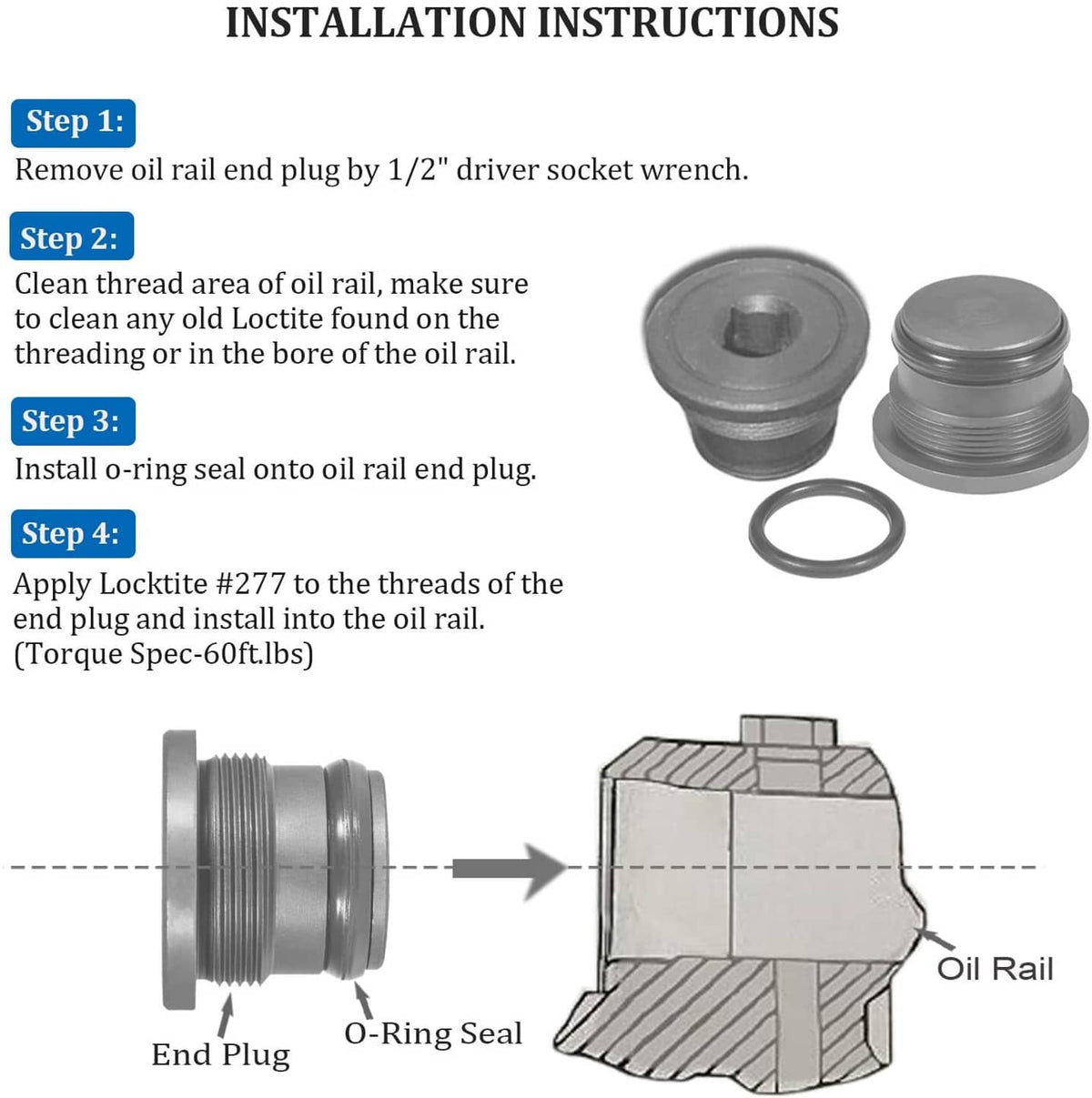 Solid Spare 4C3Z-6026-CA Oil Supply Rail End Oil Gallery Plug & Seal for Ford 7.3L 1994-2003