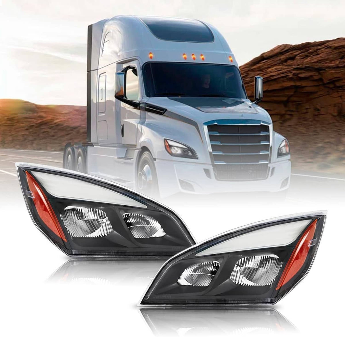 Solidspare Left & Right Full LED Headlights Headlamps For 2018-2022 Freightliner Cascadia