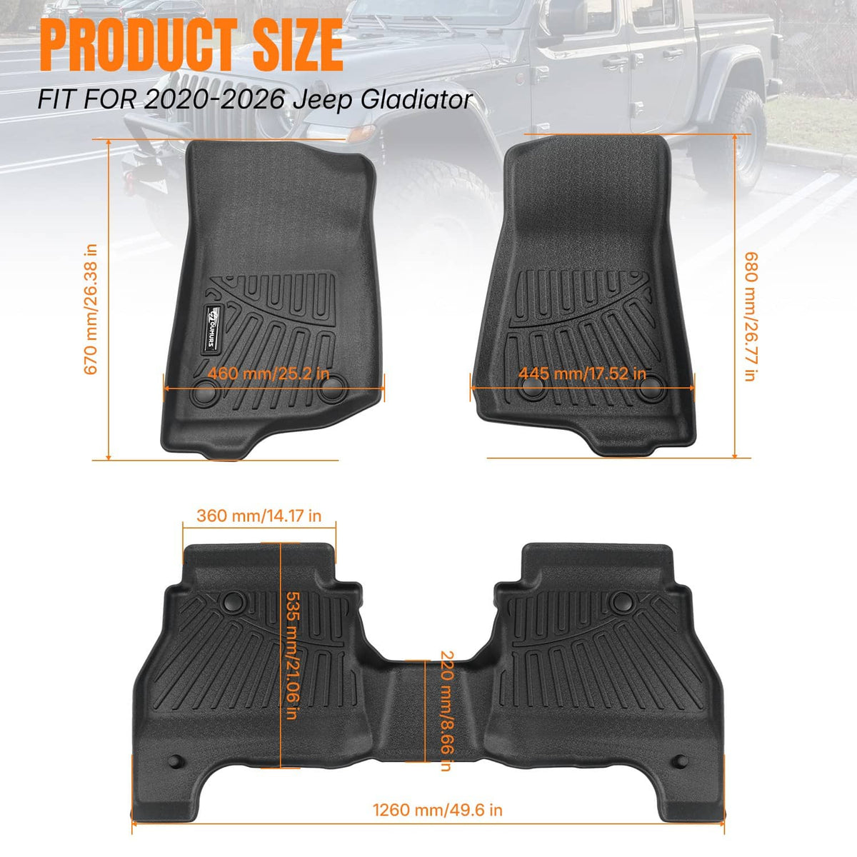 Solidspare 3Pcs Floor Mats For 2020-2025 Jeep Gladiator Floor Liner 3D Model Front & Rear