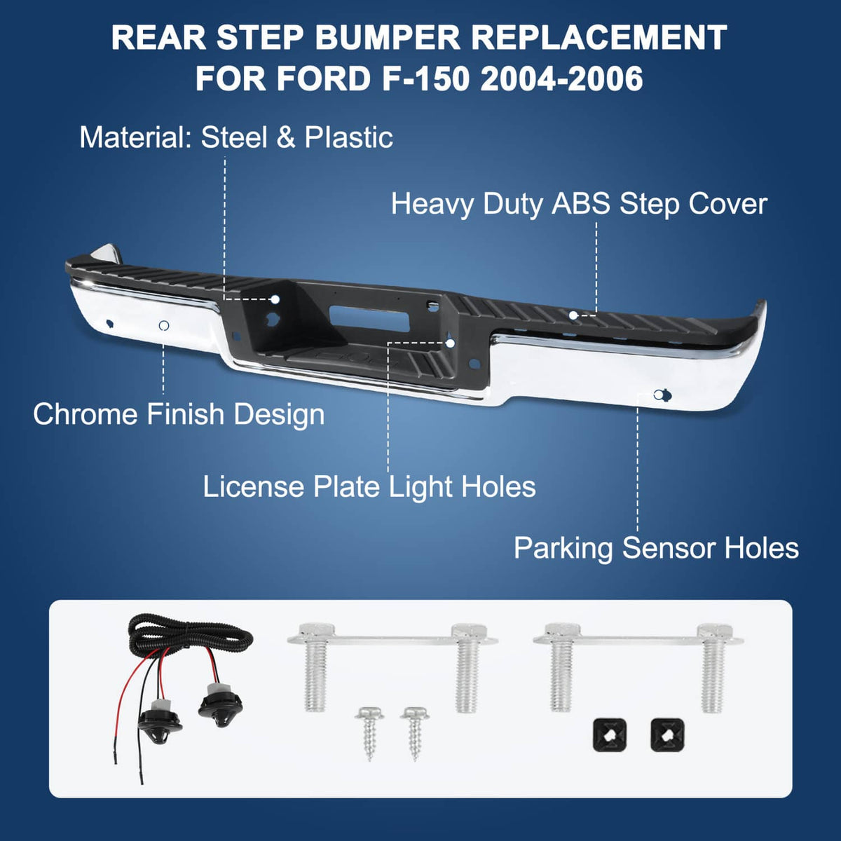Solidspare Step Bumper For 2004-2006 Ford F-150 Assembly With Sensor Holes Chrome Rear