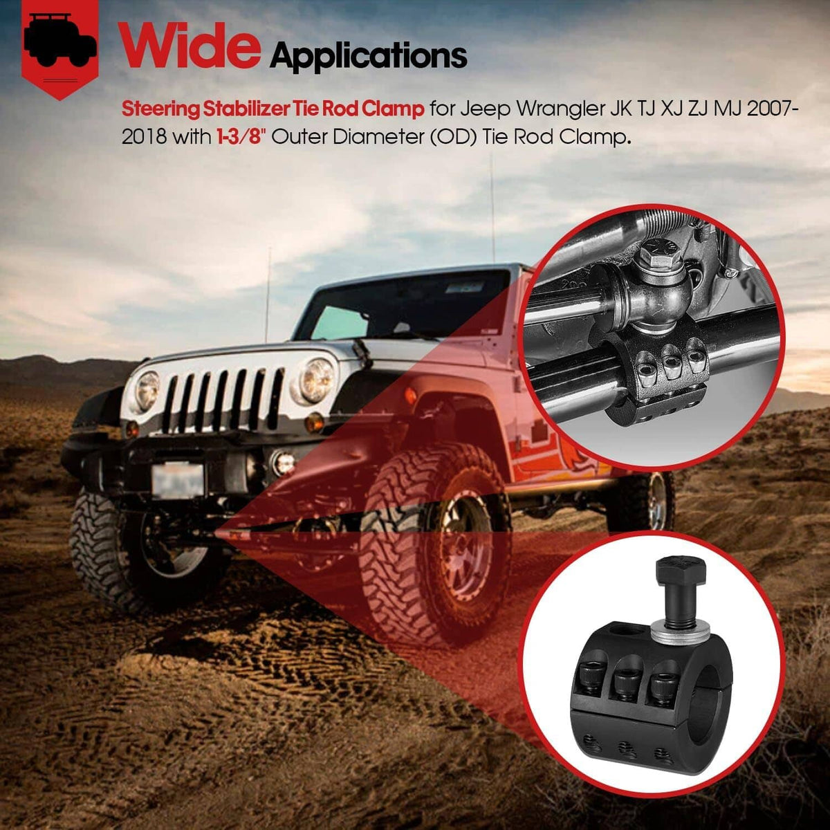 Solid Spare Steering Stabilizer Tie Rod Clamp 1-3/8" for Jeep Wrangler JK TJ XJ ZJ MJ 07-18