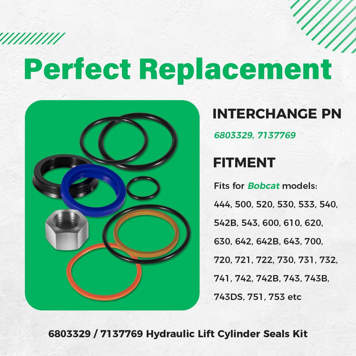 Solidspare 6803329 / 7137769 Hydraulic Lift Cylinder Seals Kit for Bobcat 444, 500, 520