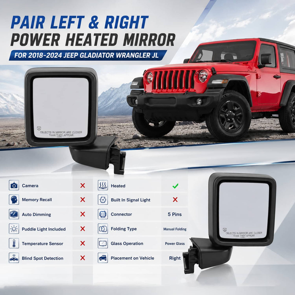 Solidspare Left & Right Power Heated Mirror Set for 2018-2024 Jeep Gladiator Wrangler JL