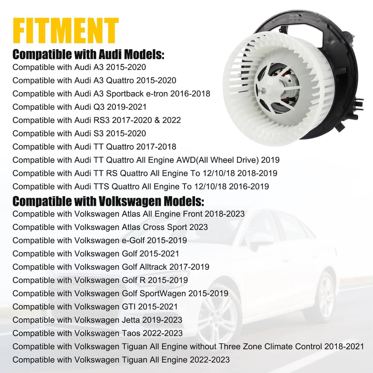 Solidspare Fits 2015-2021 Volkswagen Golf Audi A3 A/C Heater Blower Motor 700341, 5Q1819021