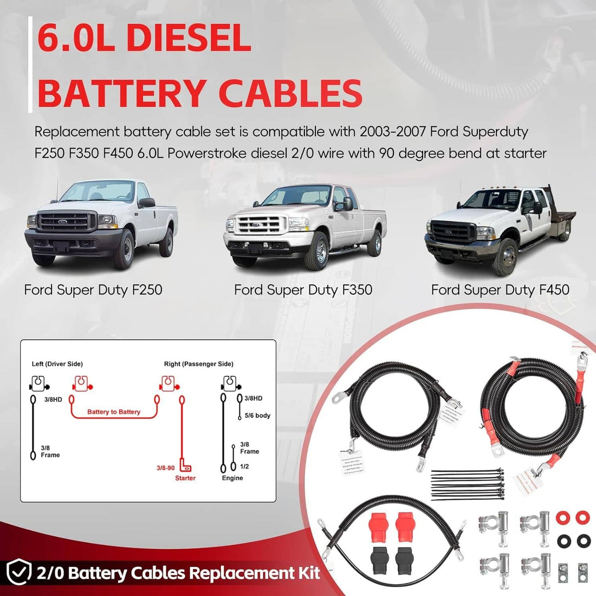 Solid Spare Battery Cables Kit For 2003-2007 Ford Superduty F250 F350 F450 6.0L Powerstroke