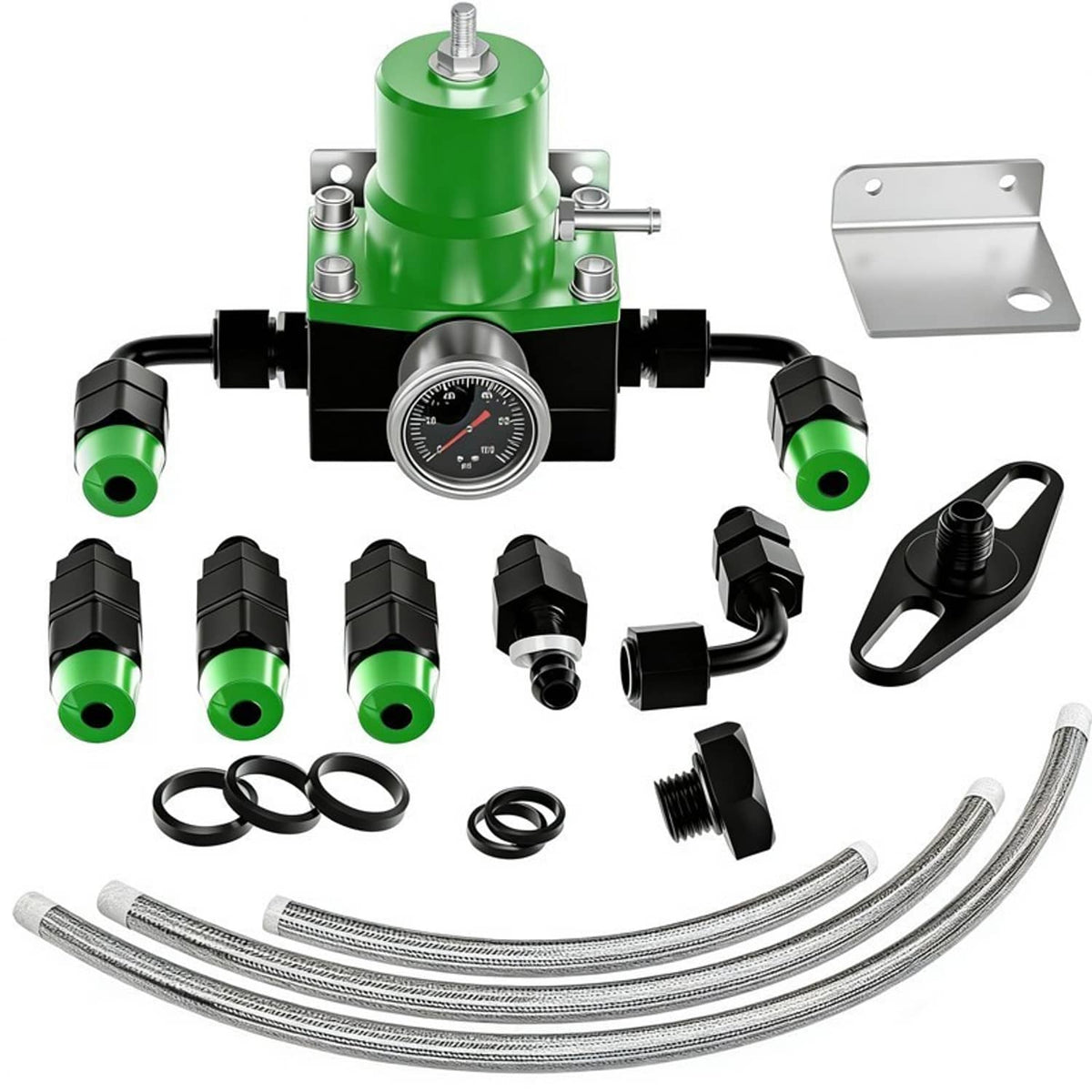 Solidspare New Adjustable Fuel Pressure Regulator Kit Oil 0-100psi Gauge -6AN Black & Green