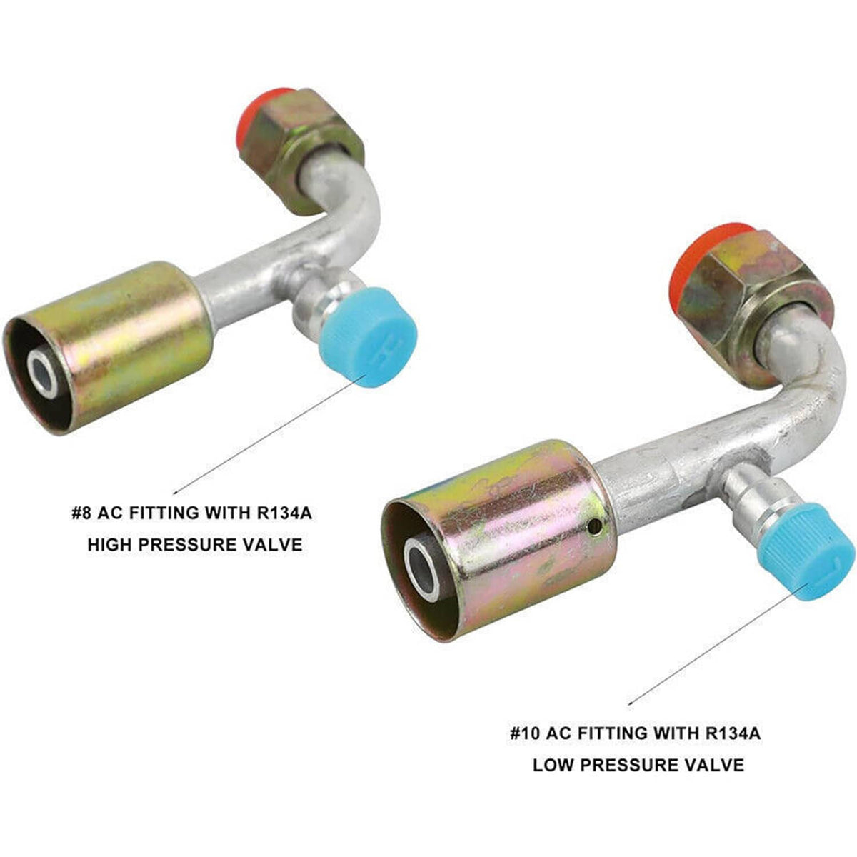 Solidspare AC Fitting Set #8 and #10 Female Oring Beadlock 90 Degree & R134a pressure valve