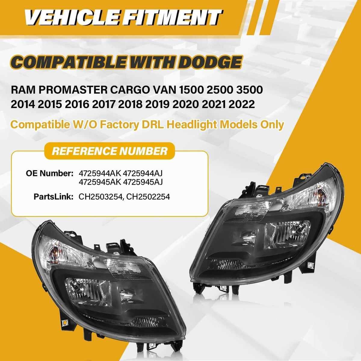 Solidspare Black Left & Right Headlights w/DRL For 14-22 Dodge Ram ProMaster 1500 2500 3500