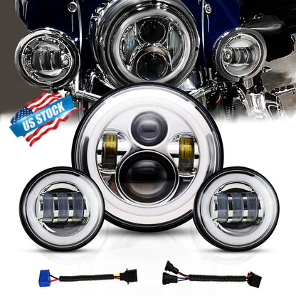Solidspare 7"In 140W LED Headlight Hi/Lo + 2Pcs 4.5"In 80W Fog Light for Harley Davidson