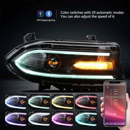 Solidspare Pair For 2015-2021 Dodge Charger LED Projector Headlights RGB Color Change Lamps