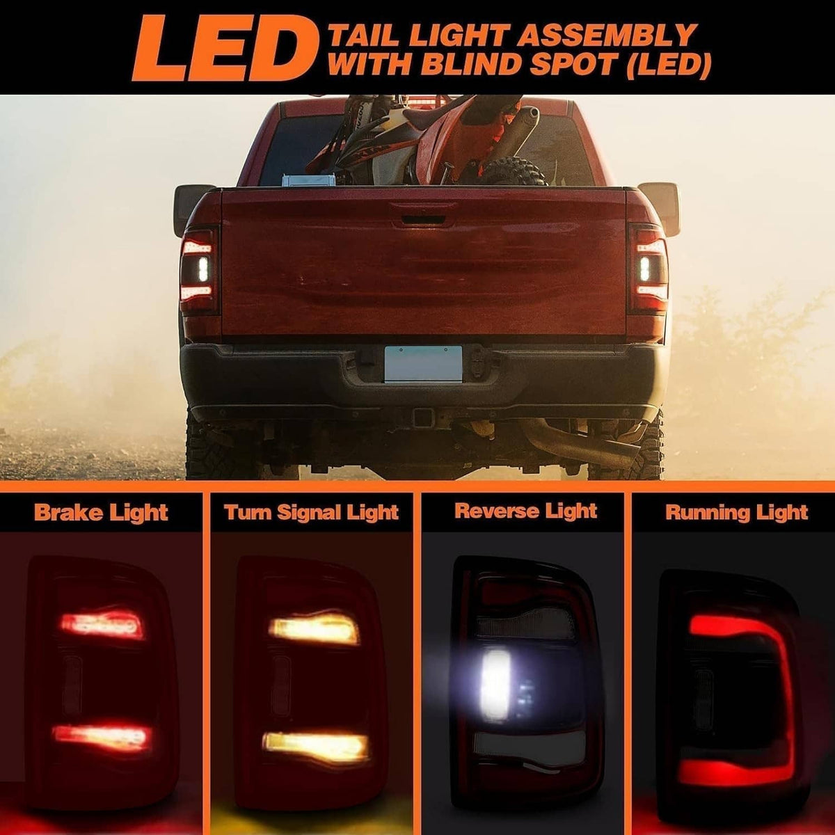 Solidspare 2Pcs LED Tail Lights w/Blind Spot For 2019-2024 Dodge RAM 2500 3500 Black Bezel