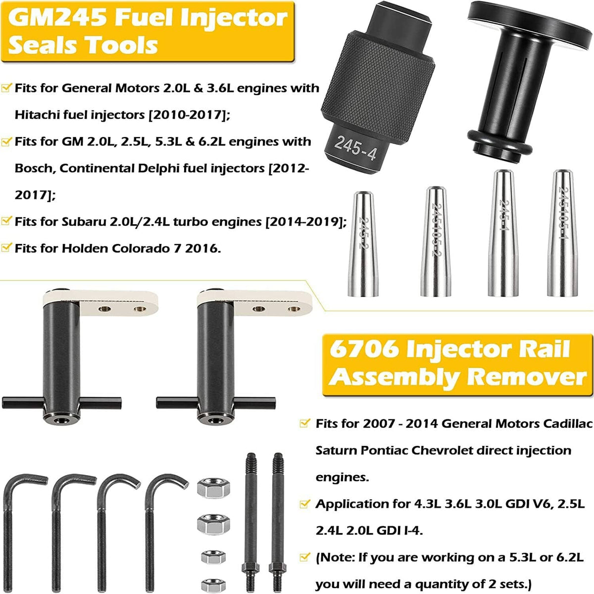 Solid Spare 6706 Injector Rail Assembly Remover & GM245 Fuel Injector Seals Tool Fits For GM