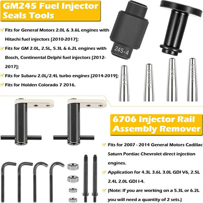 Solid Spare 6706 Injector Rail Assembly Remover & GM245 Fuel Injector Seals Tool Fits For GM