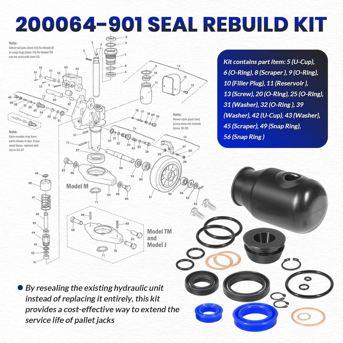 Solidspare 200064-901 Hydraulic Seal Rebuild Kit for Multiton Pallet Jack TM, M or J Series