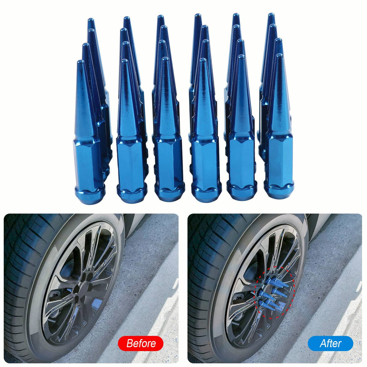Solidspare 24PCS M14x1.5 Spike Lug Nuts 4.5 Tall Blue For 6 Lug GMC Chevy Ford With Key