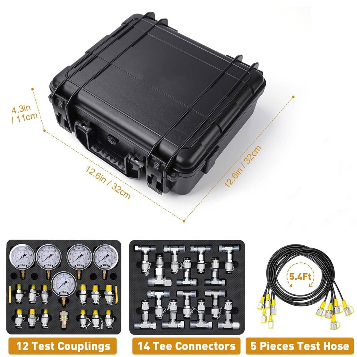 Solidspare Hydraulic Pressure Test Kit 5 Gauges 13 Couplings 14 Tee Connectors 5 Test Hoses