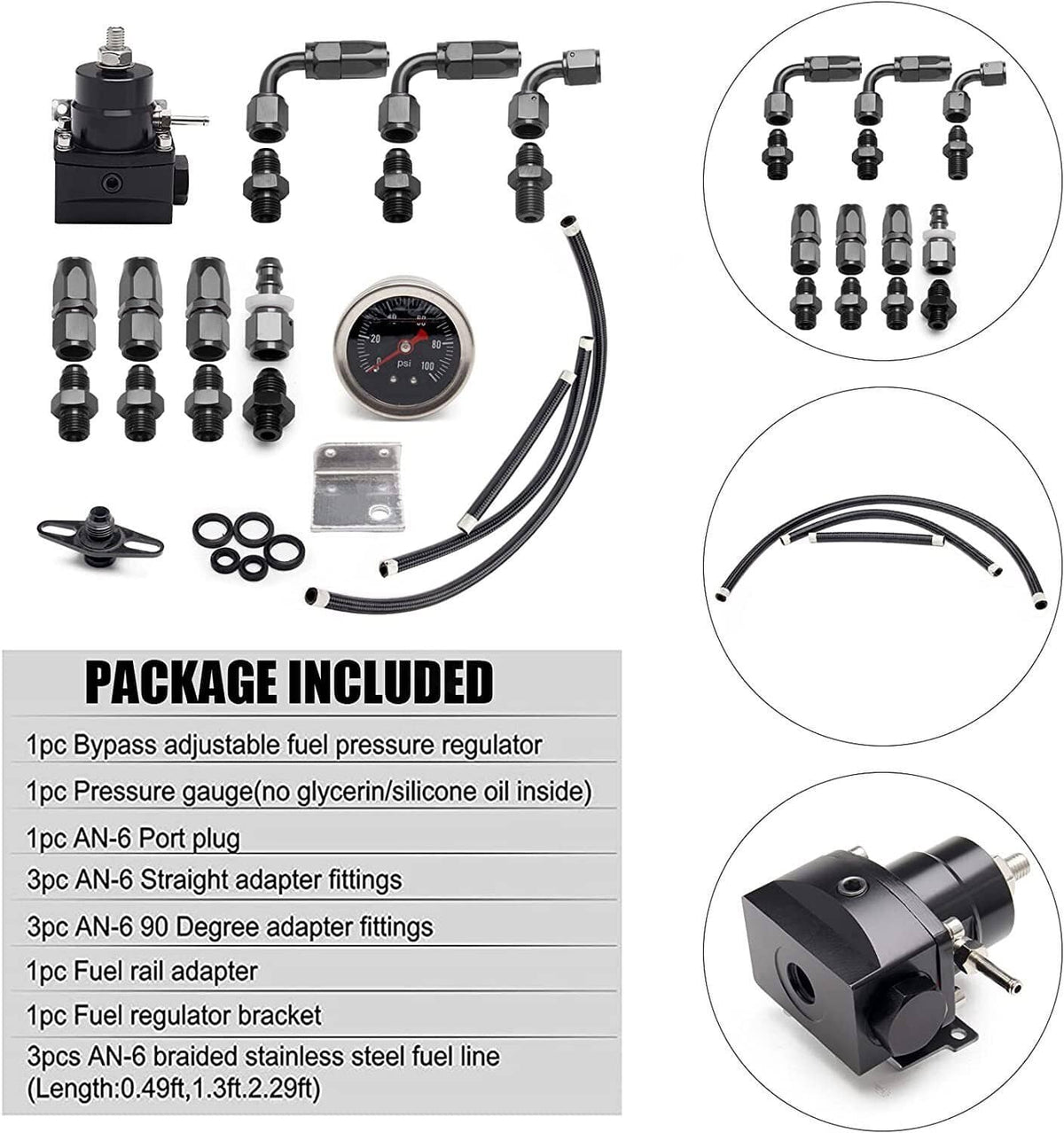 Solidspare Universal Fuel Pressure Regulator Kit 100psi Guage AN6 Fuel Line Hose Fittings