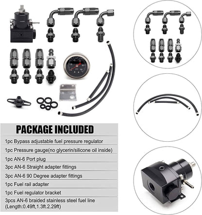 Solidspare Universal Fuel Pressure Regulator Kit 100psi Guage AN6 Fuel Line Hose Fittings
