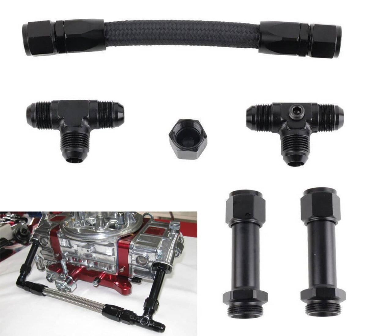 Solidspare Braided Dual Feed Carb Fuel Line Kit Holley 4150 Carburetor Black Anodized AN8