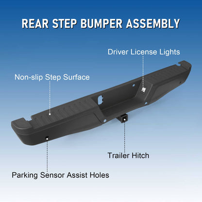 Solidspare Black Rear Bumper Assembly w/ Max Tow Hitch w/ Sensor Holes For 15-20 Ford F-150