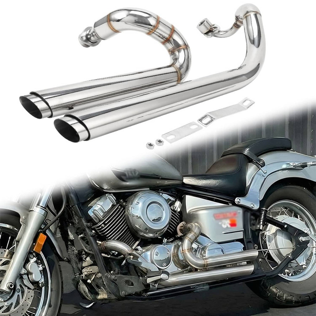 Solidspare Shortshots Staggered Exhaust Pipes Chrome For Yamaha V Star 650 XVS650 Dragstar