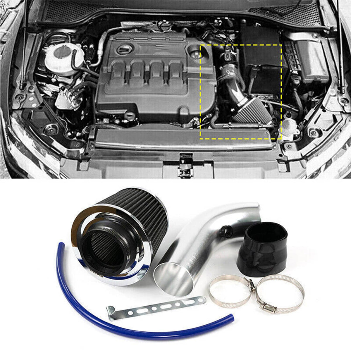 Solidspare Silver 3" Universal Cold Air Intake Kit Induction Flow Pipe Kit Aluminium New