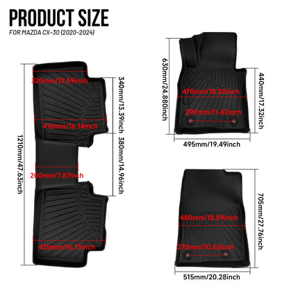Solidspare Fits for 2020-2024 2025 Mazda CX-30 3PCS Floor Mats Front and Rear Row Liners
