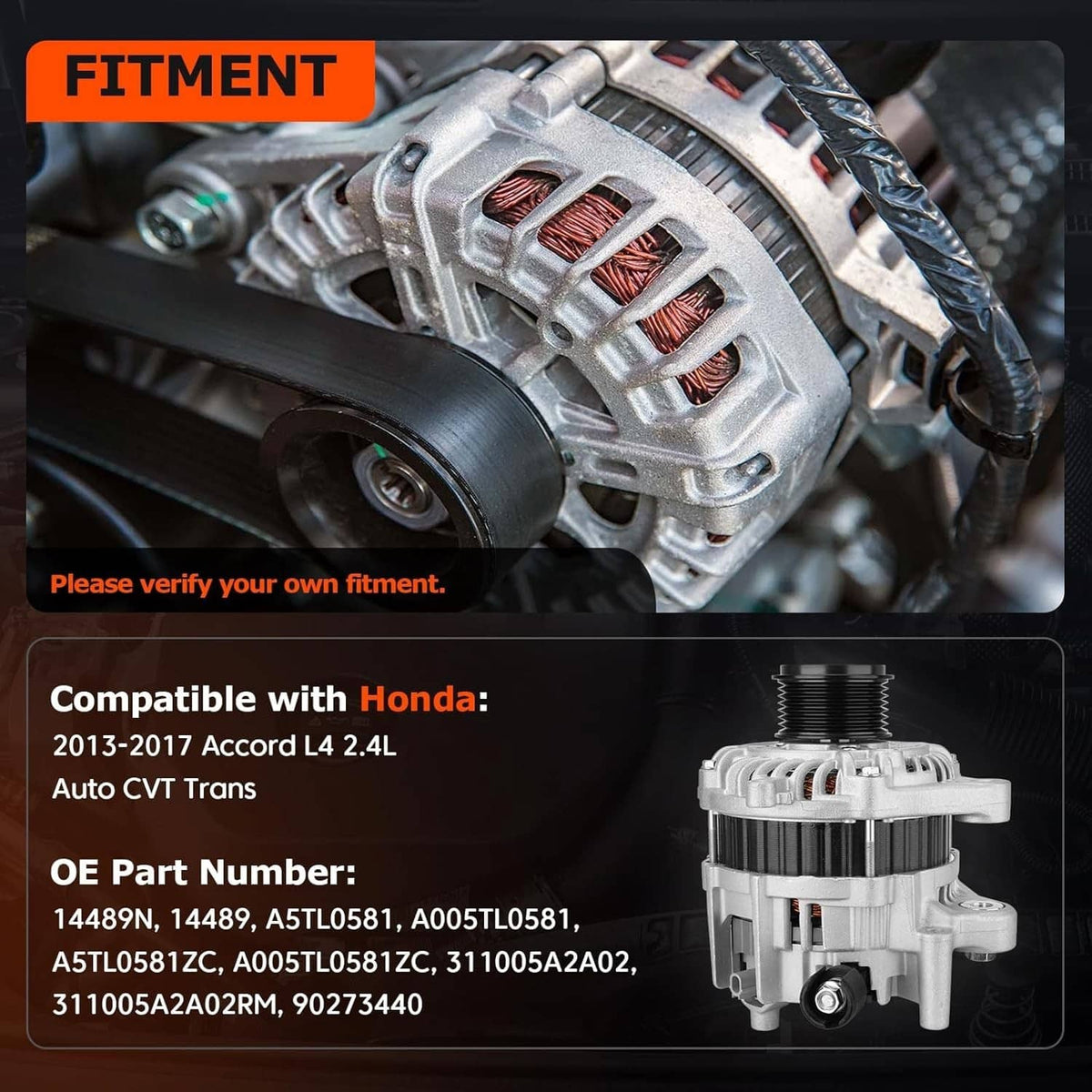 Solidspare New Alternator For 2013 2014 2015 2016 2017 Honda Accord L4 2.4L #311005A2A02