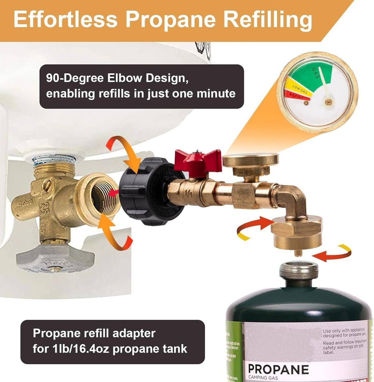 Solidspare 1lb to 20lb tank Propane Refill Elbow Adapter with Gauge + ON-Off Control Valve
