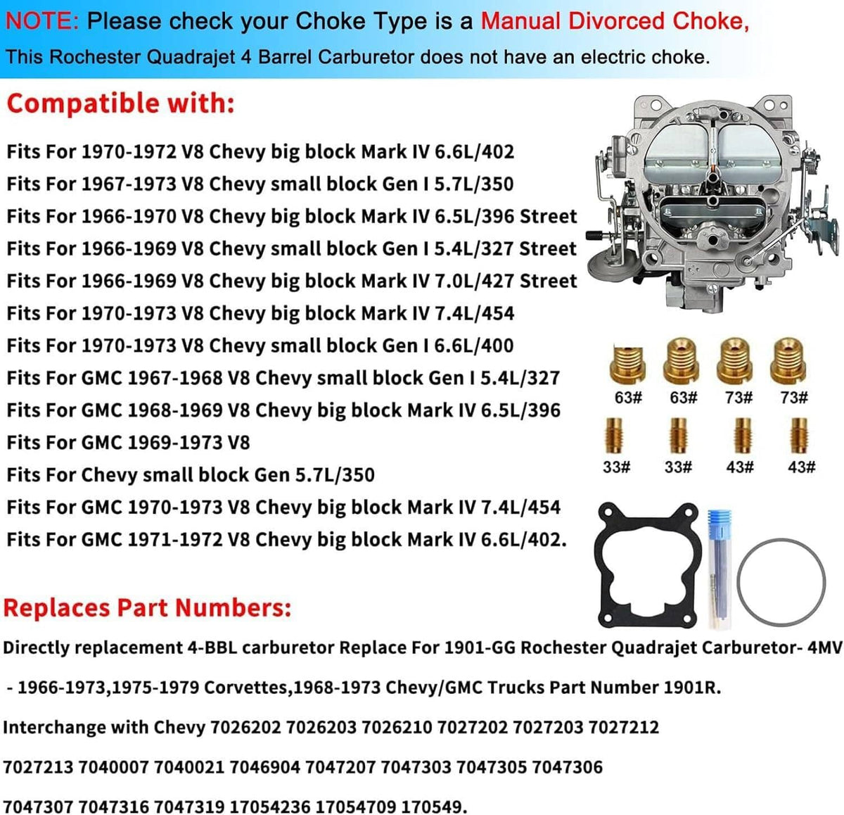 Solidspare 4 Barrel 4MV Rochester Quadrajet Carburetor For Chevy 327 350 427 454 750 CFM
