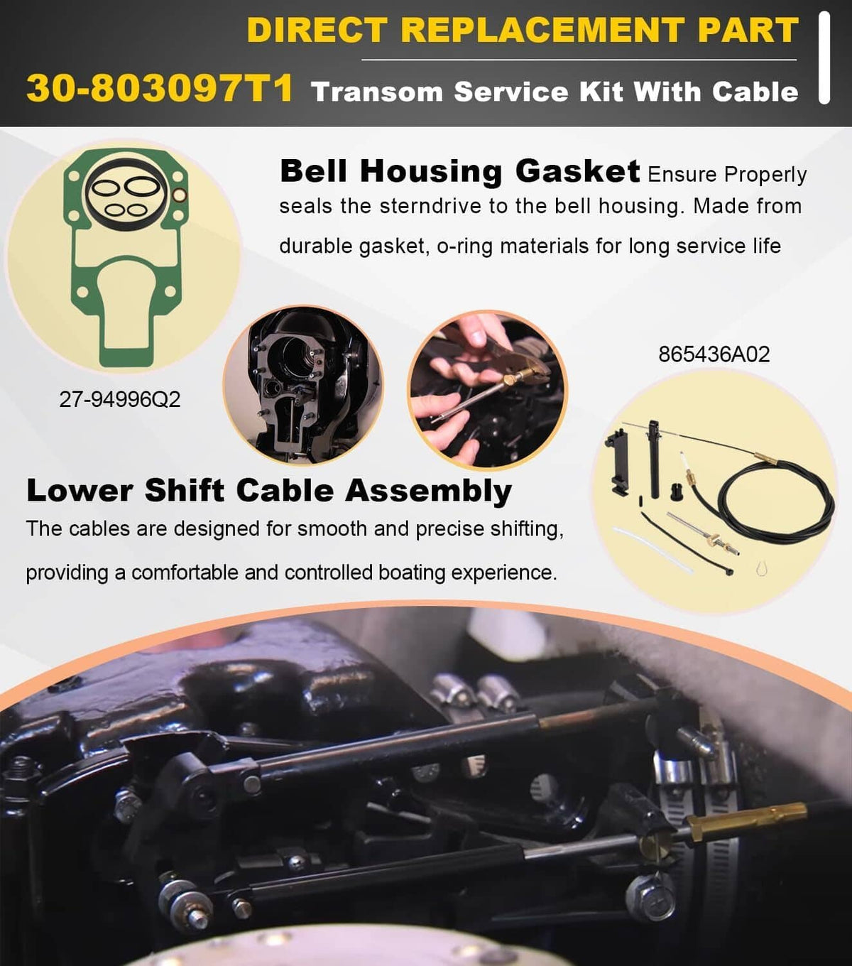 Solid Spare For Quicksilver Mercruiser Alpha One Transom Seal Bellow Kit & Lower Shift Cable