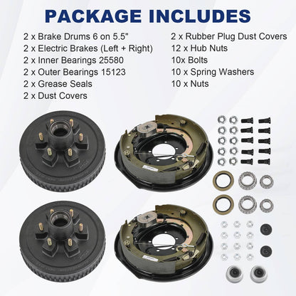 Solidspare 6 on 5.5" Bolt Circle Drum Kits with 12" X 2" Self-Adjusting Electric Brake
