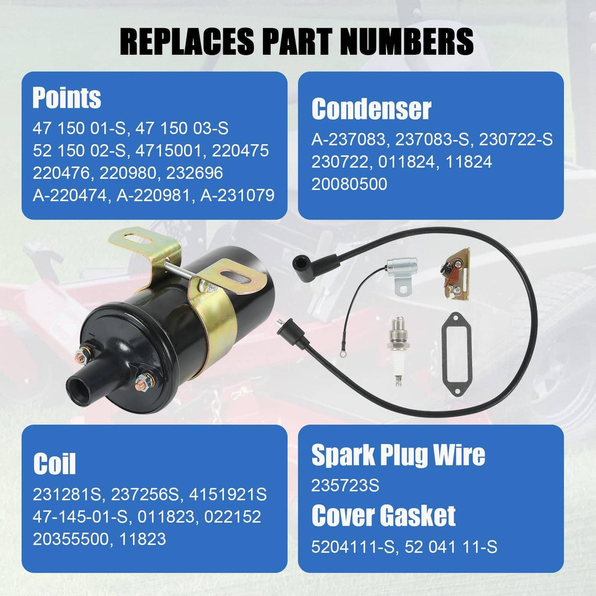 Solidspare Coil, Points, Condenser, Spark Plug Wire Fit Kohler K181 K241 K301 K90 K141 K161