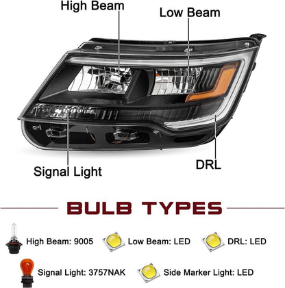 Solidspare Left & Right Side Headlights Assembly w/LED DRL For 2016-2019 Ford Explorer New