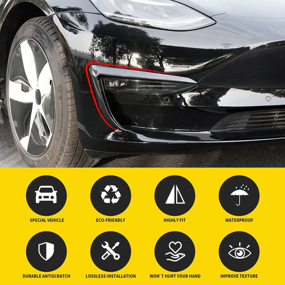 Solidspare Front Fog Light Eyebrow Cover Trim Carbon Fiber Style For 2017+ U8 Tesla Model 3