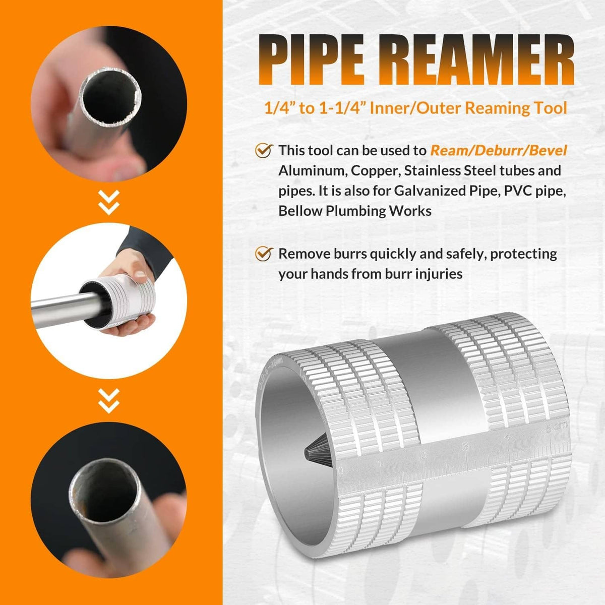 Solid Spare Reaming Tool for Copper,Stainless Steel Tubing,Pipe Reamer Sizes 1/4" to 1-1/4"