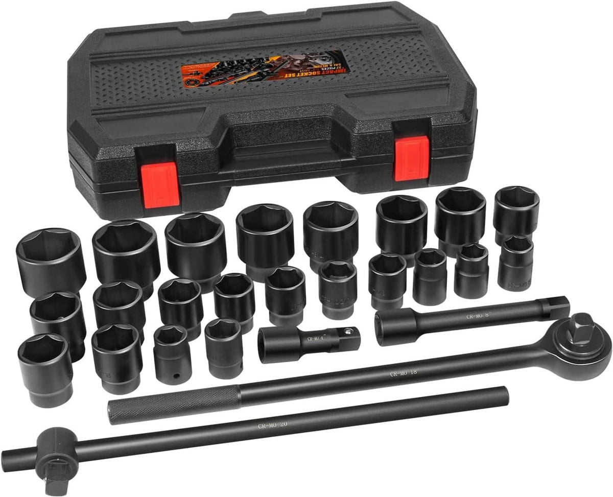 Solid Spare 3/4" Drive Deep Impact Socket Set 27Pcs SAE 7/8"-2" Metric 22-50 MM Standard Kit