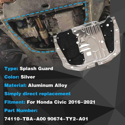 Solidspare Car Front Engine Splash Guard Under Car Shield Cover For 2016-2021 Honda Civic