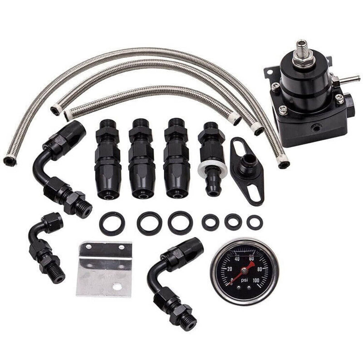 Solidspare Universal Adjustable Fuel Pressure Regulator Kit 100psi Guage AN6 Fitting Black