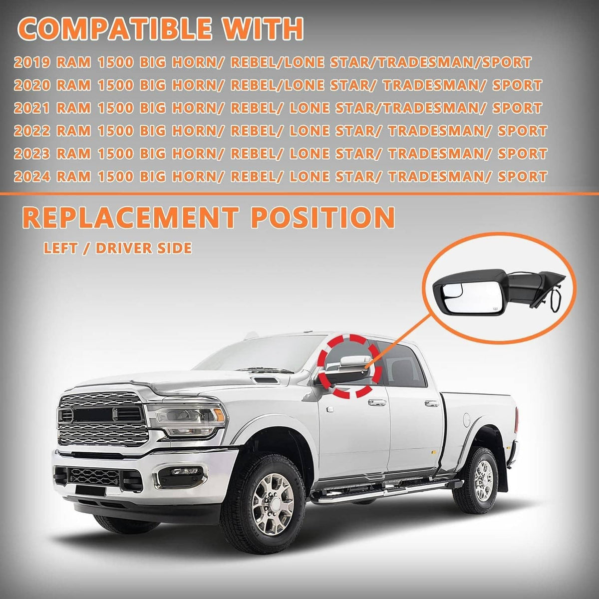 Solidspare For 2019-2024 Ram 1500 Mirror Heated Power Folding Driver Left Side 68462769AB