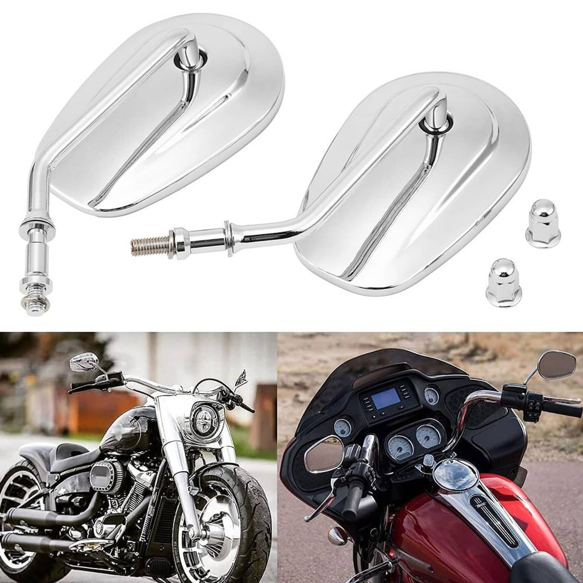 Solidspare Chrome Teardrop Rearview Side Mirrors For Harley Touring Road King Custom XL 883