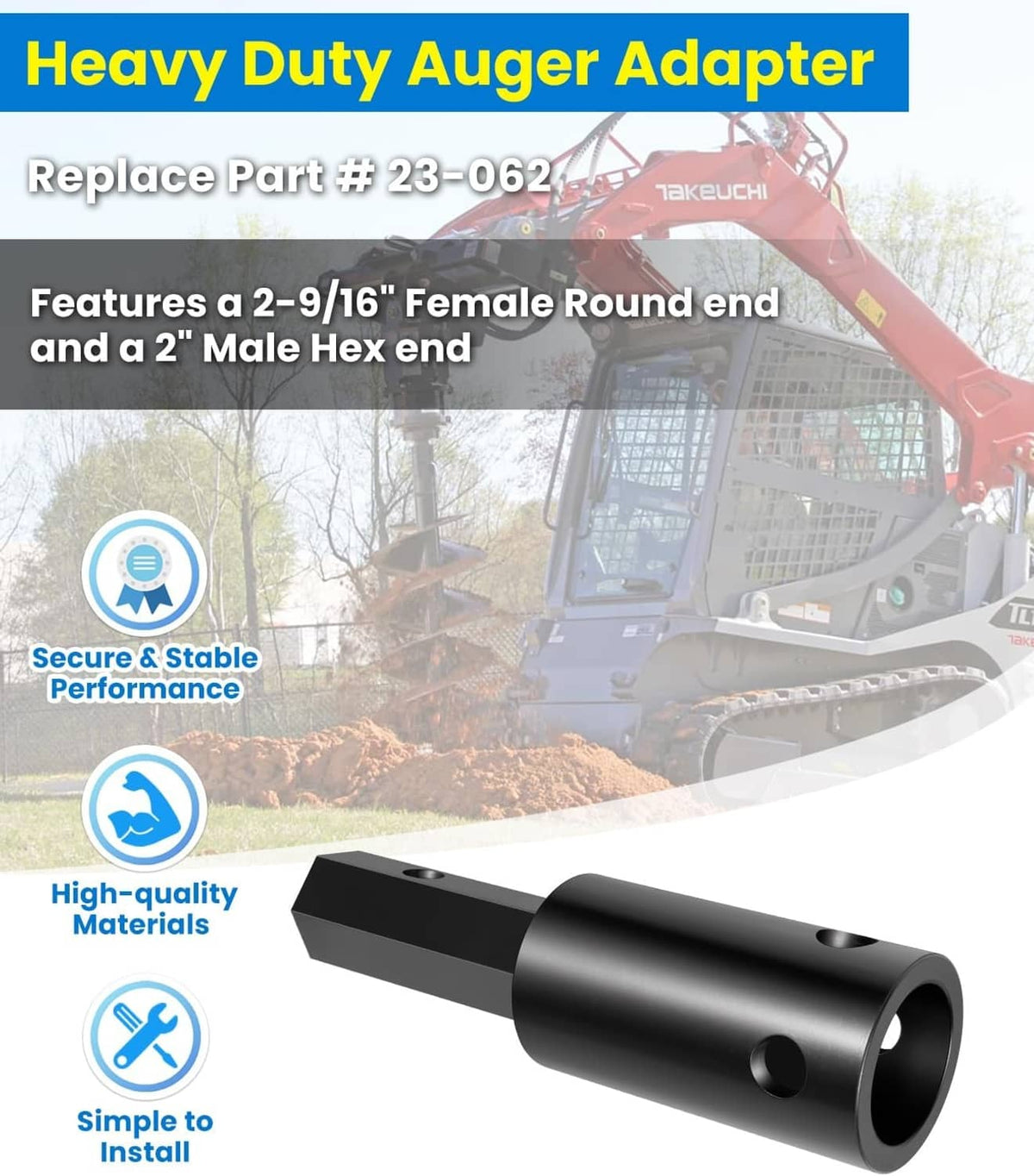 Solid Spare Heavy Duty Auger Adapter 2-9/16" Female Round to 2" Male Hex for Augers