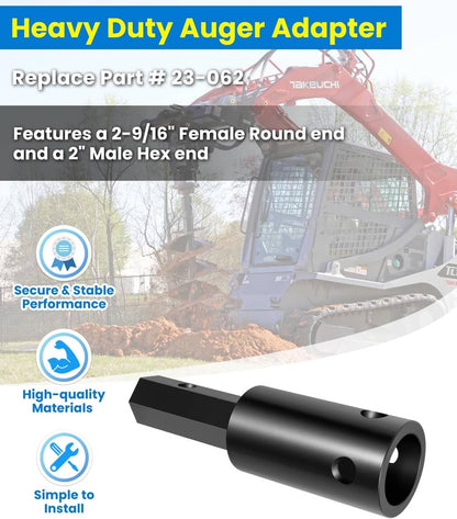 Solid Spare Heavy Duty Auger Adapter 2-9/16" Female Round to 2" Male Hex for Augers