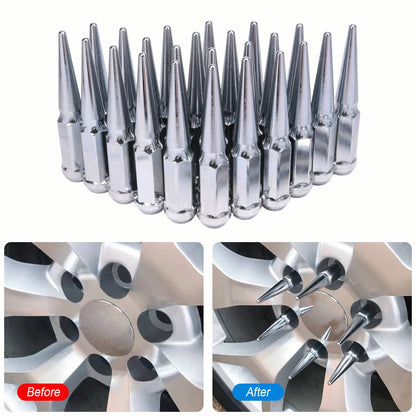 Solidspare 24 PCS M14x1.5 Spike Lug Nuts Chrome For Chevy Silverado Tahoe 4.4" Tall W/ Key
