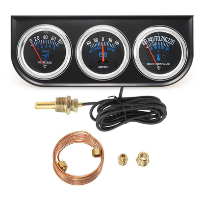 Solidspare Black 2" 52mm Car 3 in 1 Triple Gauge Set Kit AMP Meter Water Temp Oil Pressure