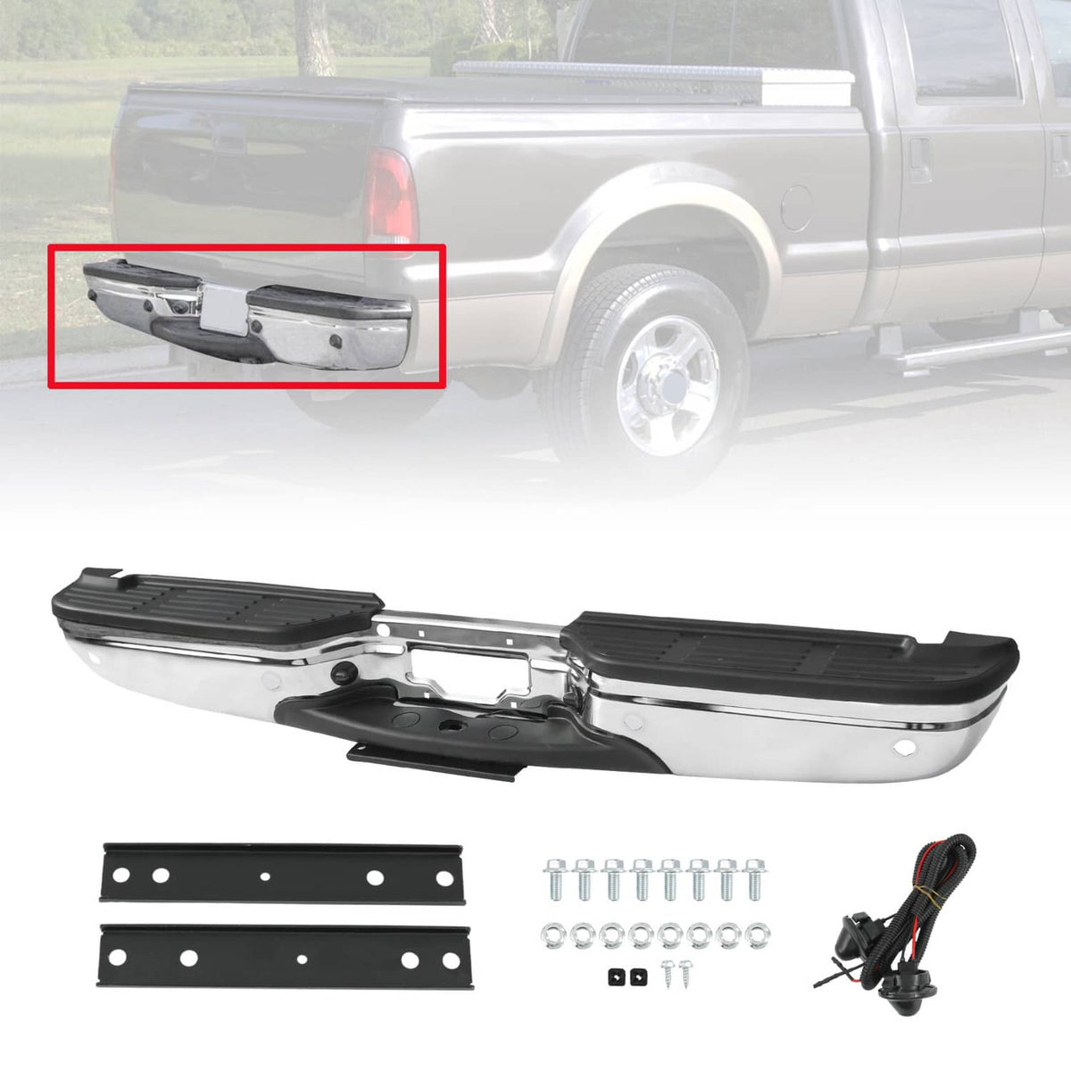 Solidspare For 99-07 FORD F250 F350 Super Duty Chrome Rear Step Bumper W/ Park Sensor Holes