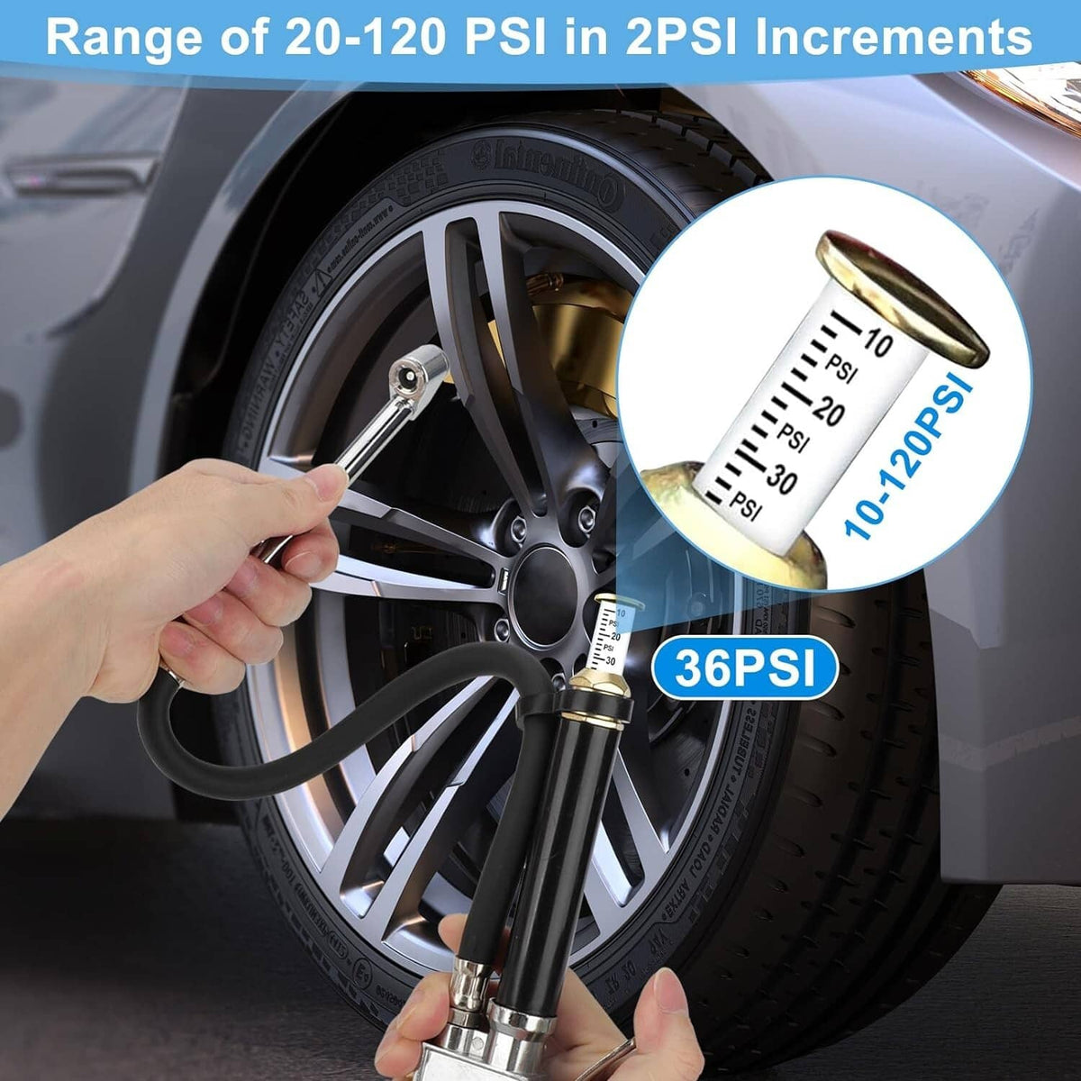 Solid Spare Air Tire Inflator With Pressure Gauge (10-120 PSI) Dual Head Chuck for Car Truck